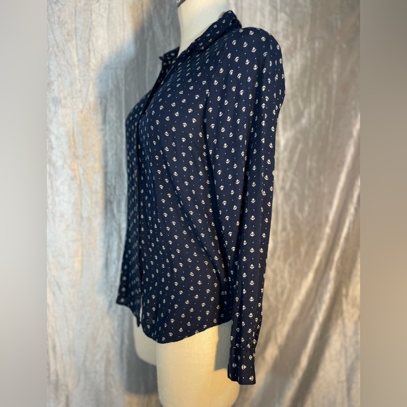 Midnight Sky rayon button down collared blouse- navy with white ship anchors - Picture 3 of 10